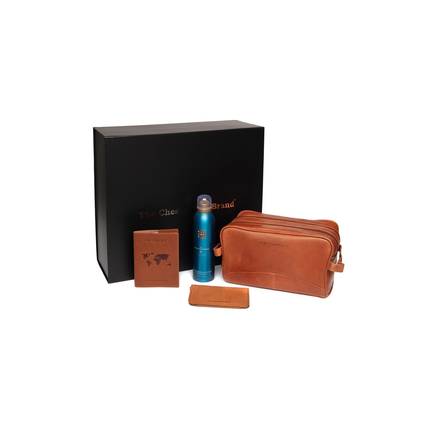 Gift Set Leather Toiletry Bag Cognac Stacey with Rituals Shower Foam